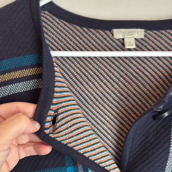 Talbots Multicolor Striped plaid tartan knit cardigan navy Sweater Womens size X - Picture 8 of 9